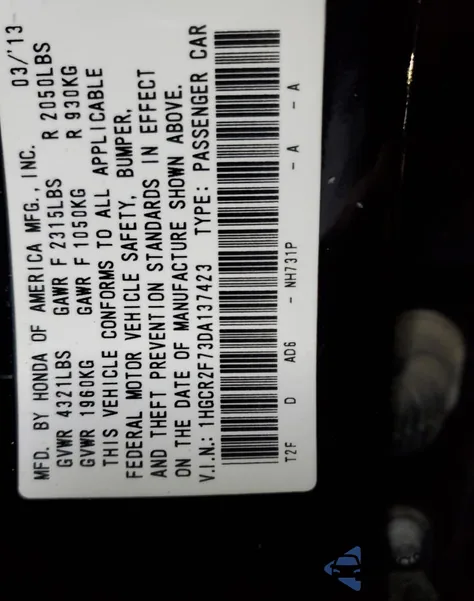 2013 Honda Accord Ex from USA, damaged, VIN 1HGCR2F73DA137423